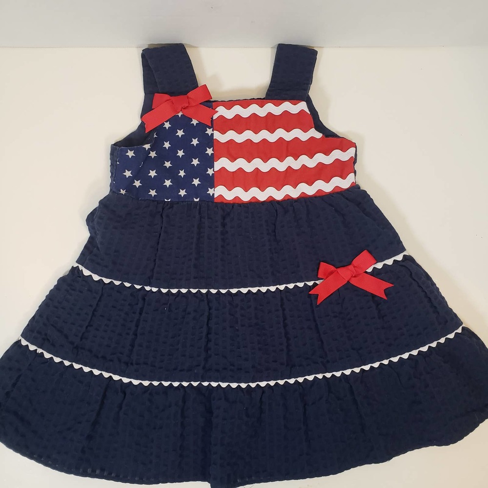Rare Too Patriotic Seersucker Navy Dress 18M American Flag USA